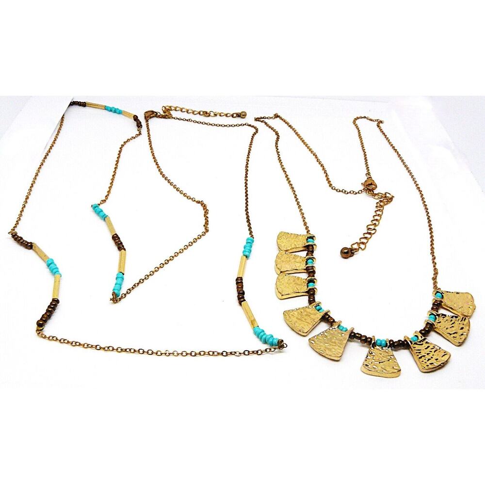 VTG 2 Extra Long Layering Faux Turquoise Gold Tone Beads Necklaces 38" & 27 "